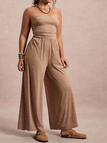 Freevana 大码纯色露肩连体裤，休闲度假 - 卡其色 - 查看 4
