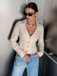 Siren Gaze Casual Commuter Solid Color Metal Buckle Waist Jacket In Fall/Winter - Apricot - View 11
