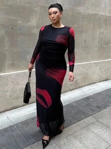 Firerie 加大码优雅花卉印花褶饰长袖网眼连衣裙，适合约会、音乐会、表演、派对、婚礼、性感、优雅、通勤、返校、度假、海滩、办公室女士、美人鱼风格、生日派对 - 彩色 - 查看 7