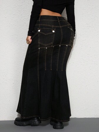 Grunge Punk Falda de pescado de talla grande de mezclilla desgastada con remaches vintage