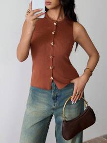 Islaluna Chaleco de punto acanalado con botones para mujer, informal - Café integral - Ver 1