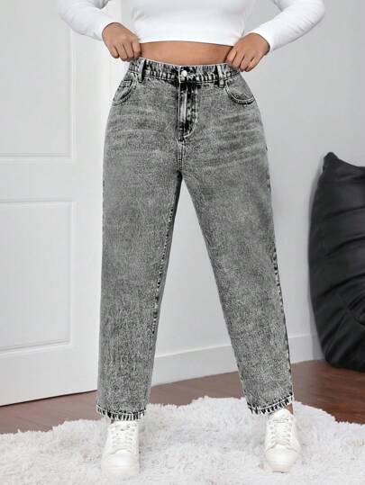 SHEIN ICON Plus Size Women Blue Casual Slim Tapered Cropped Jeans