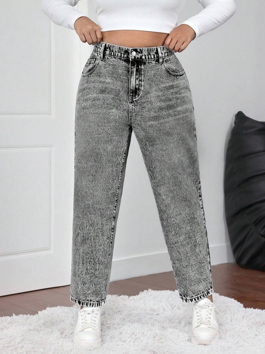 SHEIN ICON Plus Size Women Blue Casual Slim Tapered Cropped Jeans - Grey - View 1
