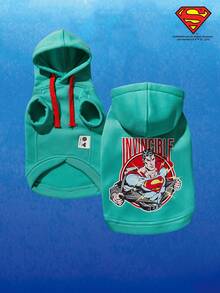 SUPERMAN X PETSIN 1pc Vintage Illustration Print Lake Green Sleeveless Hooded Stylish Fashion Sweatshirt For Pets