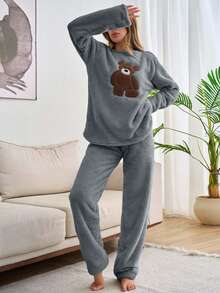 EURMUSE 2pcs Plush Bear Embroidery Detail Homewear PJ Set - Grey - View 5