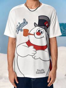 Frosty the Snowman X SHEIN 男士休闲雪人印花圆领短袖T恤，夏季 - 白色 - 查看 3