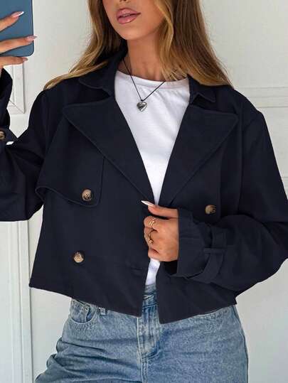 SHEIN EZwear Chaqueta corta de tejido de mujer de unicolor, de manga larga, con cuello de solapa y doble botonadura