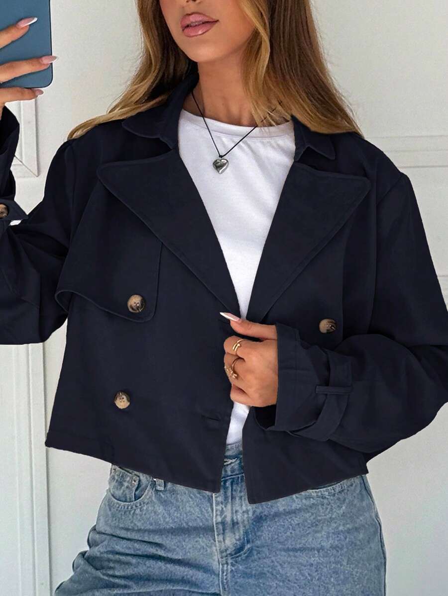 SHEIN EZwear Áo khoác dệt ngắn thời trang cổ ve hai hàng khuy dài tay màu trơn dành cho nữ - Màu xanh hải quân - Xem 1