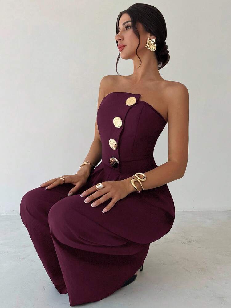 Firerie Dámsky jednofarebný elegantný overal s odhalenými ramenami a kovovými gombíkmi, skladaný, sexi elegantné nohavice so širokými nohavicami, jarné/letné oblečenie, dochádzanie, elegantné, sexi, hudobný festival, romantické, na rande, na párty, na svadobnú sezónu, šaty na promócie, na ples, na vystúpenie, na koncert, do práce - Fialová - View 5