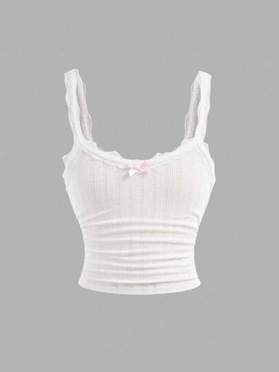 SHEIN Girlism Camiseta de tirantes de encaje con lazo decorativo para niñas preadolescentes, cómoda y casual de verano