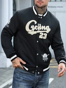 Manfinity Homme 男士休闲字母刺绣夹克，秋冬黑色校队夹克男士街头服饰，垃圾摇滚 - 黑色 - 查看 5