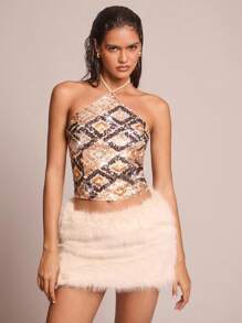 Glamine Áo ba lỗ cổ yếm đính hạt hình học cho nữ - Màu tím - Xem 5