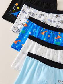 5pcs/Pack Young Boy Astronaut, Rocket, Dinosaur Graphic Soft Basic Breathable Briefs - Multicolor - View 6