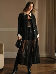 MOTF PREMIUM TWEED SEQUIN DETAIL CONTRAST COLLAR JACKET - Black - View 4