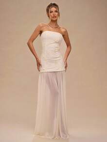 SHEIN BAE 杏色无袖甜心领纹理 3D 刺绣网眼下摆优雅连衣裙，适合优雅场合、生日、伴娘、婚礼宾客 - 杏色 - 查看 6