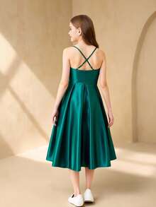 Tween Girl Spaghetti Strap Square Neck Backless Asymmetric Ruffle Hem Waist Cinched Elegant Dress For School, Wedding, Party - Green - View 2