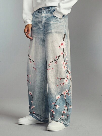 Street Life Jeans larghi da uomo in stile casual di strada con motivo a fiori di prugna, vestibilità ampia