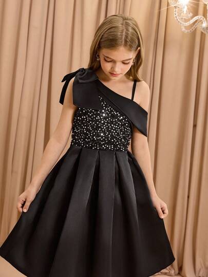 优雅迷人的黑色细肩带串珠中长款礼服，适合少女穿着，适合度假、晚会、婚礼、花童、舞会、生日、万圣节、圣诞节、毕业典礼等场合