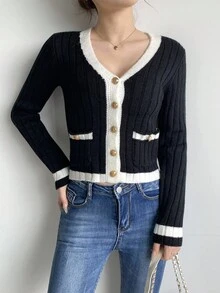 SHEIN LUNE Contrast Color Sexy Minimalist V-Neck Fitted Knit Cardigan, Spring/Autumn Fall Winter Cloth For Women - Black - View 3