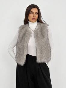 SHEIN Tall Women's Solid Color Open Front Fluffy Vest Jacket For Winter Fur Vest