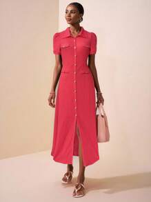 Zivah 2025 New Spring And Summer Casual Elegant Daily Dating Party Commuting POLO Collar Short Sleeves Puff Sleeves Decorative Metal Buckle Fishtail Skirt Open Hip Skirt Black Texture Knitted Fabric Long Skirt Ladies Long Dress