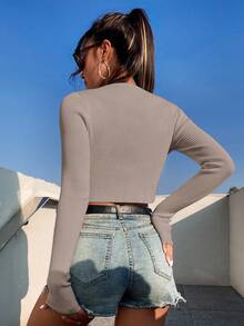 Chiquease 女式休闲纯色 V 领系带短款轻薄开衫，秋季 - 駝色 - 查看 2