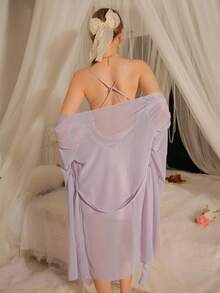 DelicateAllure 浪漫法式蕾丝撞色网布缎面性感内衣套装 - 紫色 - 查看 2