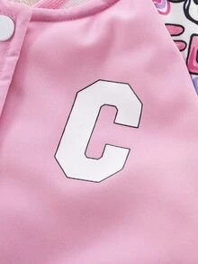 SHEIN Chaqueta casual de una hilera de botones con estampado de letras, de manga larga, de costilla, para niñas en otoño/invierno - Rosa - Ver 6