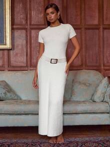 Athîral Damen Lässig einfarbiges Kurzarm figurbetontes Pulloverkleid, ohne Gürtel, Herbst/Winter - Weiss - Übersicht 4