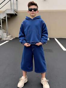 Denimly Boys' Casual Daily Urban Street Personalized Hoodie, Elastic Waist Zipper Closure, Comfortable Washed Denim Loose Fit Jeans Two Pieces Set - Medium Wash - View 11
