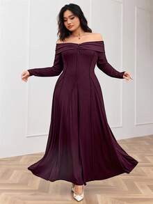 Feyla Plus Size Elegant Solid Color Off-Shoulder Dress, Autumn - Burgundy - View 1