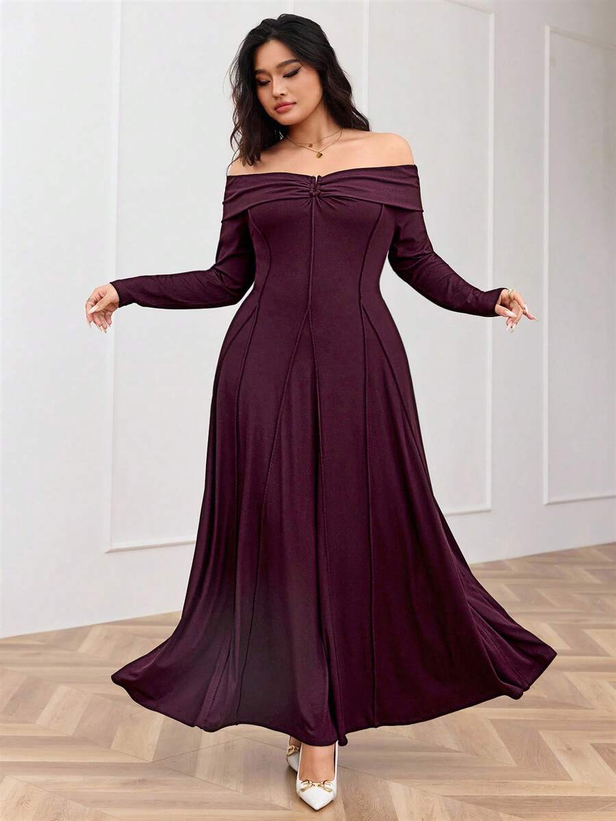 Feyla Plus Size Elegant Solid Color Off-Shoulder Dress, Autumn - Burgundy - View 1