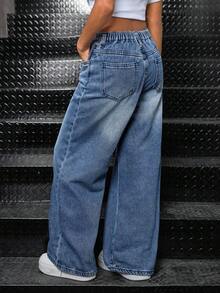 SHEIN Jeans droits en denim doublé thermique à taille haute ample et délavé pour préadolescentes, style années 90/Y2K, décontracté. Jeans évasés casual avec poches, pour l'automne/l'hiver, gardant au chaud, idéal pour les filles pour la rentrée scolaire, l'homecoming. Pantalon évasé streetwear vintage, jeans larges Y2K, jeans ample pour adolescentes. - Jean bleu - Voir 2