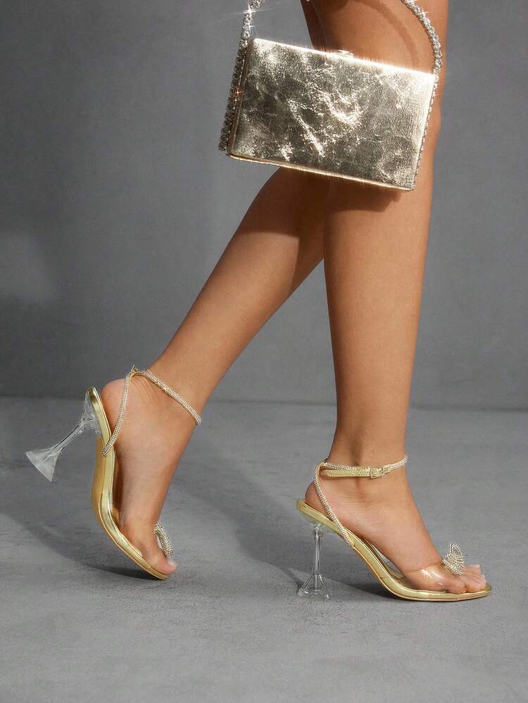 CUCCOO SZL Women's Gold Metallic Bowknot Fashionable Sexy Ankle Strap Round Toe Glass Yellow Heel High Yellow Heel Sandals