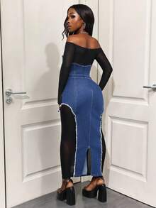 SHEIN BamGlam Robe en jean fendue à franges en maille noire élastique sexy pour femmes - Jean bleu - Voir 2