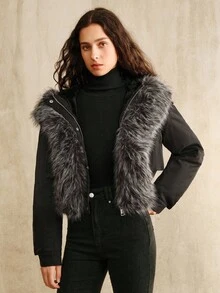 Anewsta Women's Casual Fashion Street Patchwork Faux Fur Hooded Cropped Jacket, Autumn/Winter - Black - View 7