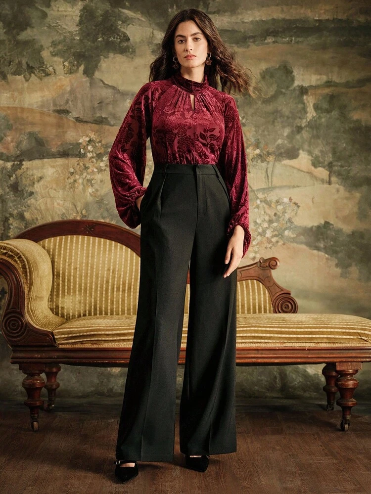 Chemise de luxe et raffinée à col mao en jacquard de faux soie à manches longues, convenant pour l'automne, l'hiver, le Nouvel An, élégante, chic, , Noël, sortie