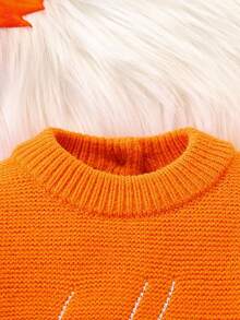 SHEIN 新生女婴万圣节橙色简约字母刺绣连体衣，柔软保暖针织连体衣 - 亮橙色 - 查看 5