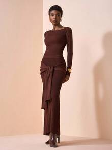 Zivah 2025 Summer New Music Festival, Easter, Mother's Day, Wedding Season, Wedding Attendance, Birthday Party, Daily Casual, Basic Versatile, Leisure, Cruise Travel, Beach, Sunbathing, Viral , Street Style, Elegant, Commute, Business, Pleated Ruffle Sleeveless Top And Pleated Skirt 2 Pieces Knit Brown Set For Women In Fall/Winter - Brown - View 6