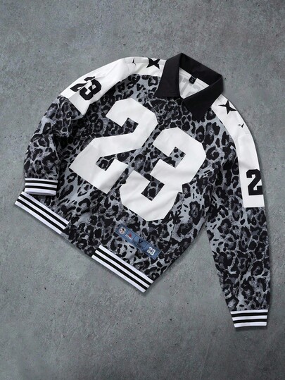 Prep Men's Fashion Leopard Print Patchwork Numeric Print Jacket, Fall