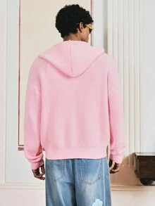 SWAVVY Men's Stylish Solid Color Zip-Up Hooded Cardigan, Autumn, For Fall Winter - Pink - View 2