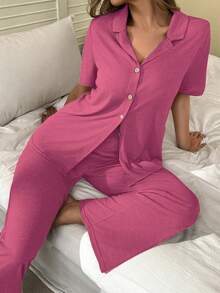 SHEIN Soft & Skin-Friendly Cardigan Button Closure Unisex Casual Pajama Set Button Up Pajama Set Comfy Pajama Set Women Lounge Wear Sets - Hot Pink - View 6