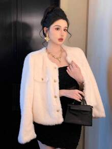 DAZY 女式时尚休闲常规单排扣仿皮草外套韩版女式大衣