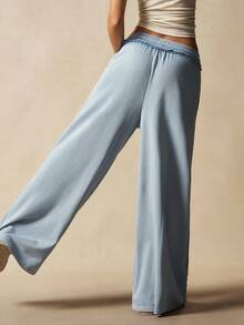 Bohemela Quần nỉ ống rộng dệt kim trơn màu phong cách BOHO dành cho nữ - Màu xanh nhạt - Xem 7