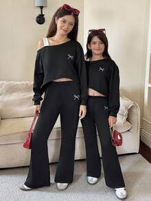 Sparklyn 2 件套青少年女孩 T 恤和喇叭裤套装，秋冬，黑色撞色牛奶丝吊带连帽衫和刺绣蝴蝶装饰长裤，舒适合身，运动风格，适合日常、街头、校园、家庭搭配、姐妹装