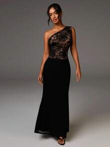 COSMINA Đầm dài vai lệch vai viền ren thanh lịch dành cho nữ - màu đen - Xem 5