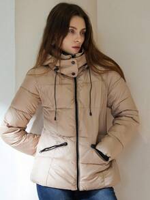 Aveloria Modichic 全新女式短款泡泡袖修身休闲经典夹棉大衣 - 卡其色 - 查看 4