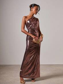 COSMINA Women's Shiny Asymmetrical Shoulder Dress Formal Dress Rose Gold Dress One Shoulder Dress - Purple - View 4