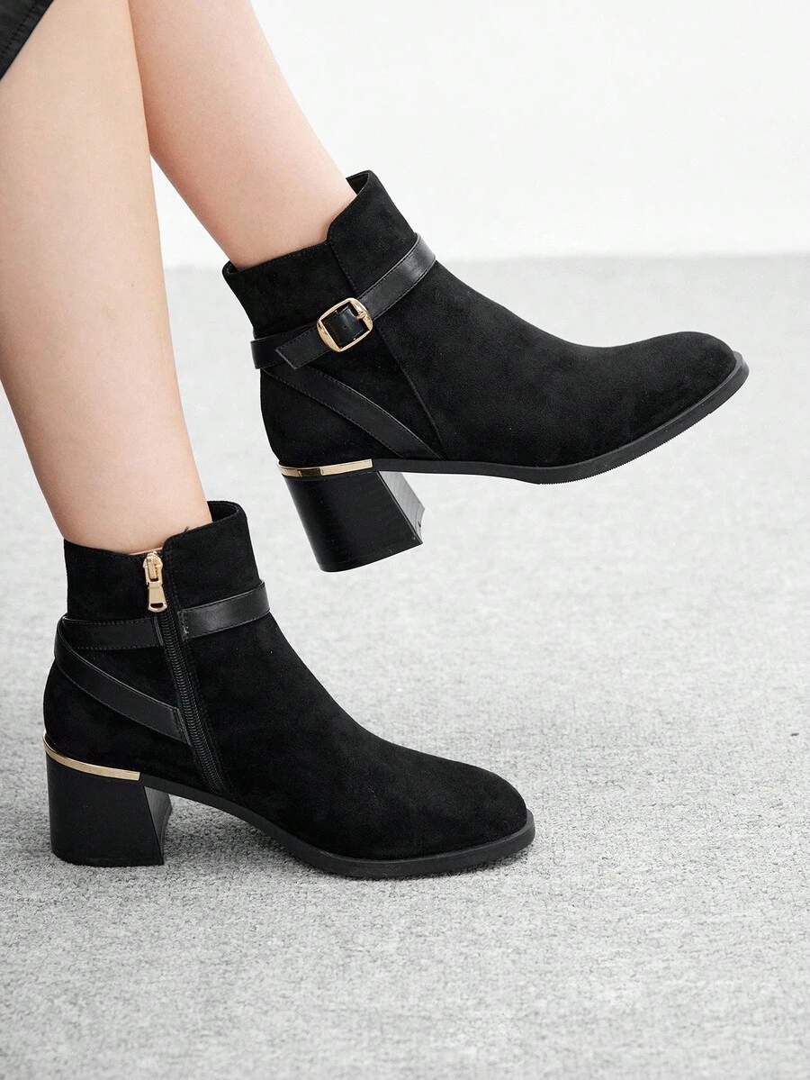 CUCCOO BIZCHIC Stivali alla caviglia da donna con suola spessa e punta tonda, stivali eleganti con decorazione in nero - nero - Visualizzare 1