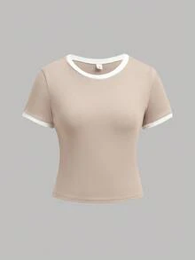 SHEIN Girlism Bộ áo thun bó sát dệt kim màu tương phản dành cho bé gái tuổi teen và quần cạp chun rộng rãi, trang phục thể thao đường phố, phù hợp cho mùa xuân/hè, trường học, bóng đá, hoạt động ngoài trời - Màu Khaki - Xem 6